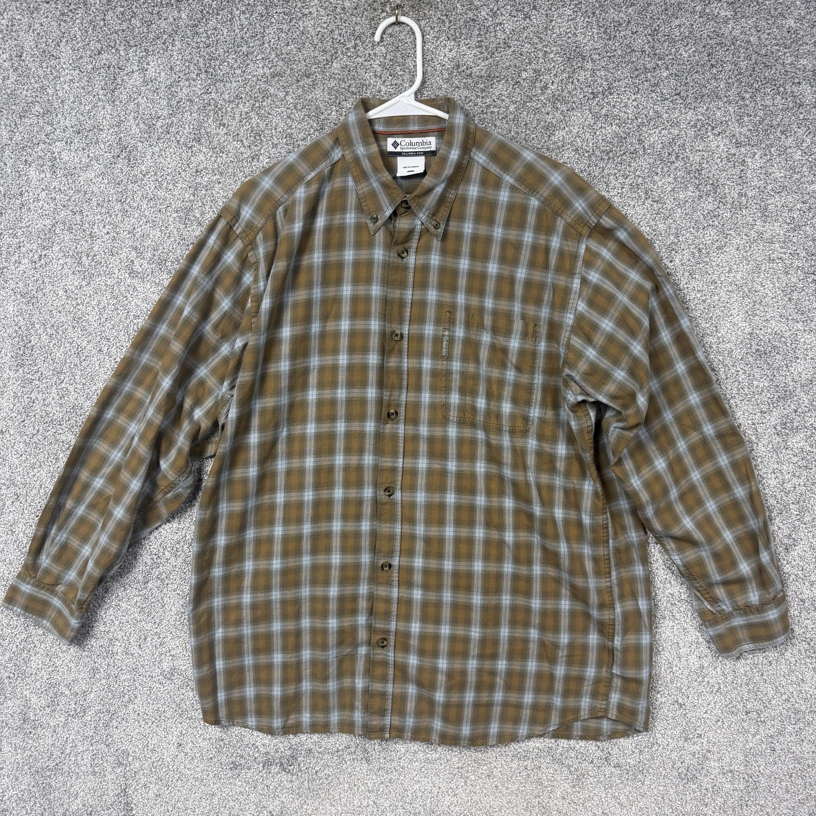 Columbia Button Down Shirt Mens L Brown Blue Plaid Outdoor Workwear Cabincore